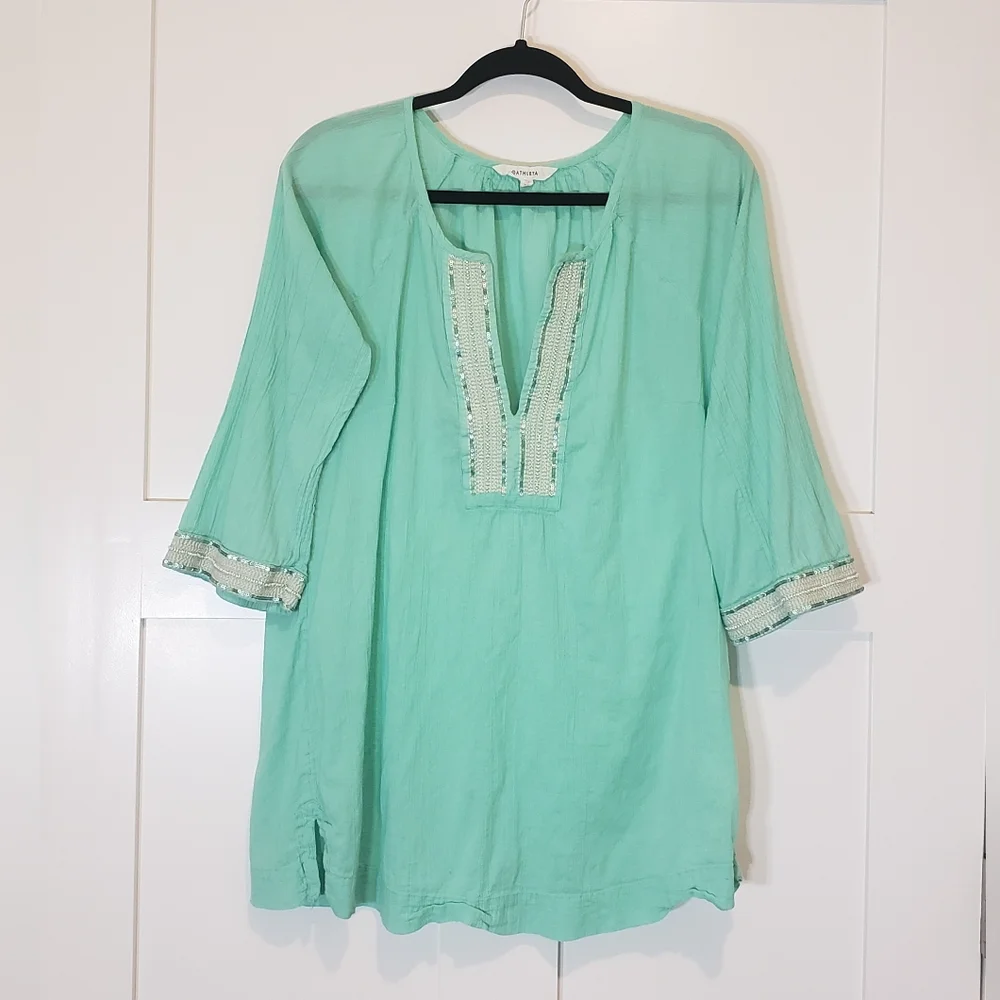 Athleta Swim Cover Up Tunic Mint Green Mariana 3/4 Sleeve Embellishments Medium